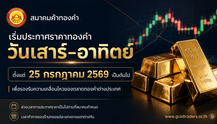 สมาคมค้าทองคำเริ่มประกาศราคาวันเสาร์–อาทิตย์ 25 ก.ค. 2569